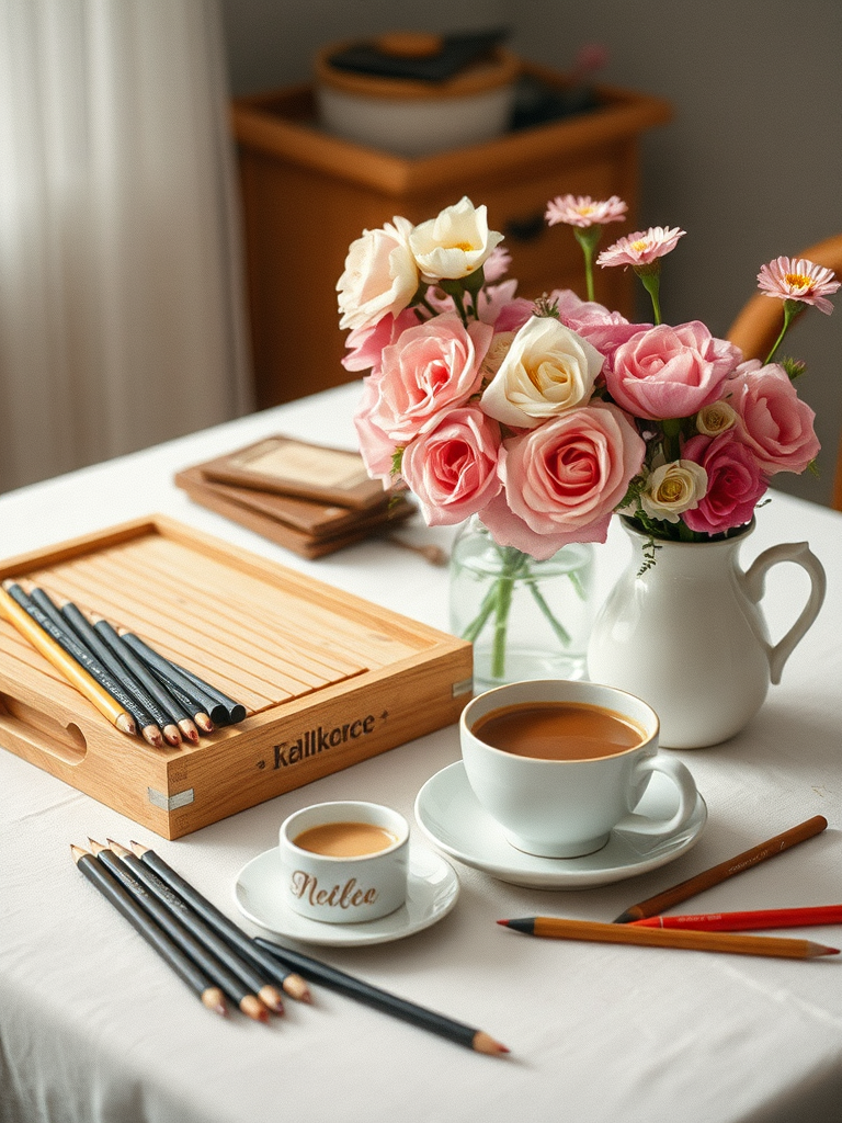 Ein Tisch, auf dem viele Buntstifte, ein Malblock, eine Tasse mit Kaffee und eine Vase mit Blumen stehen. Die Szenerie ist romantisch und feminin.
